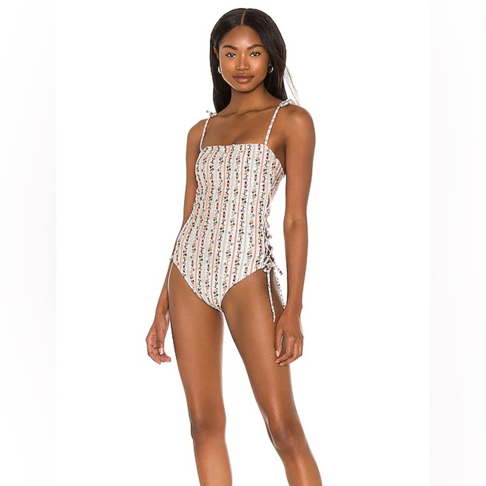 Agua Bendita Cream Stripe Floral One-Piece Swimsuit